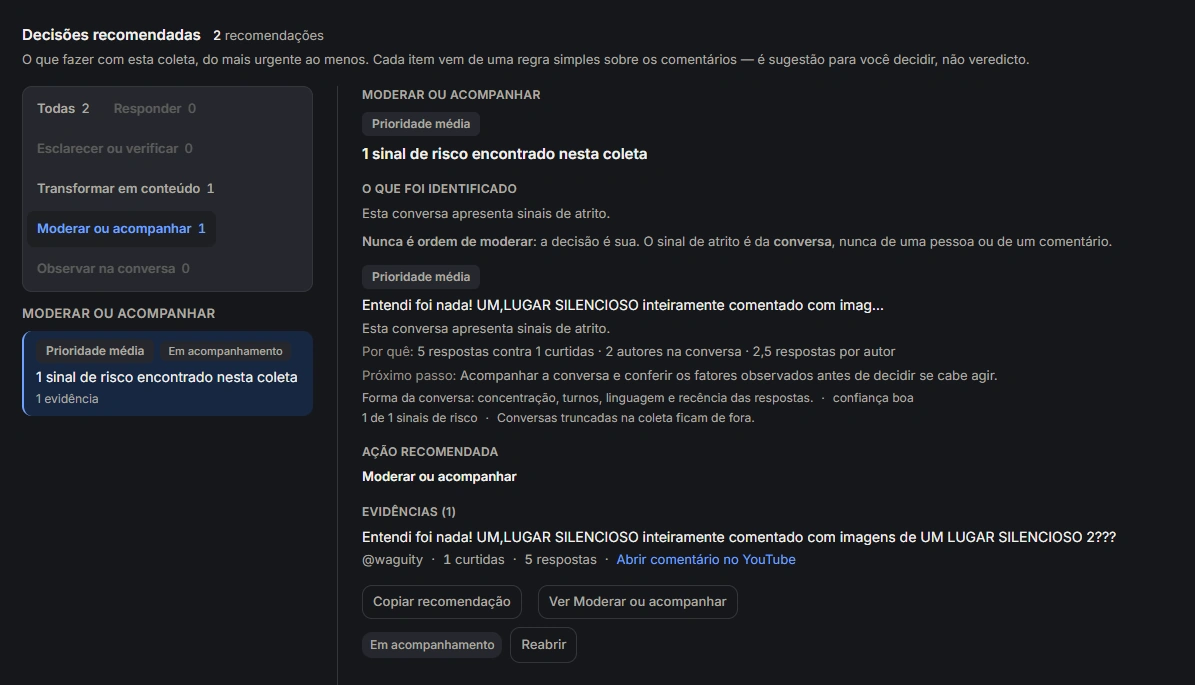 Captura de tela do Opina exibindo uma recomendação marcada como 'Em acompanhamento', com a opção de reabrir a decisão.
