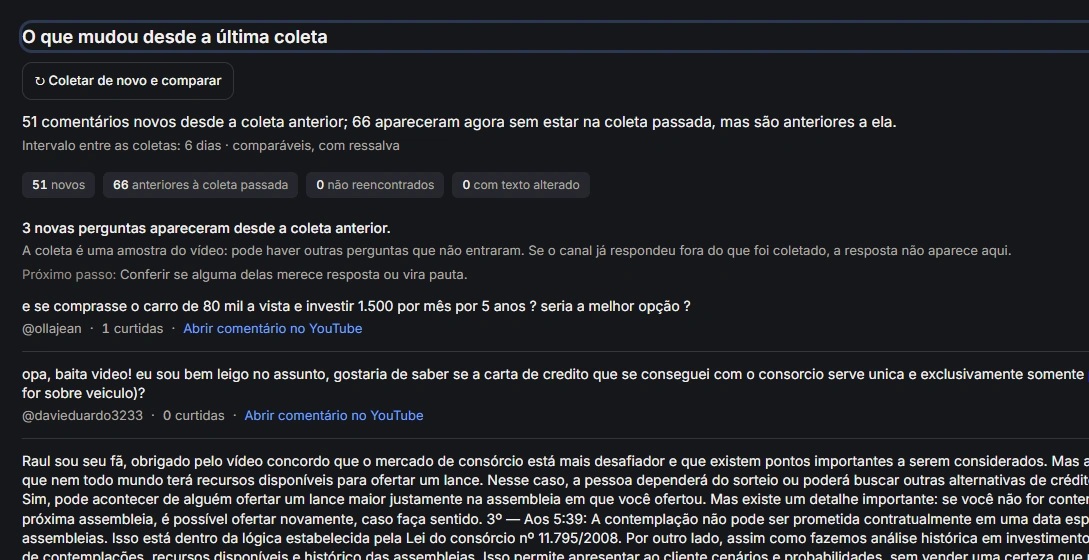 Captura de tela do Opina exibindo o resumo do que mudou desde a última coleta de comentários.