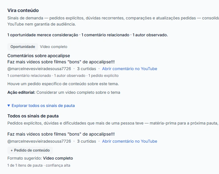 Captura de tela do Opina exibindo uma oportunidade de conteúdo identificada a partir dos comentários.