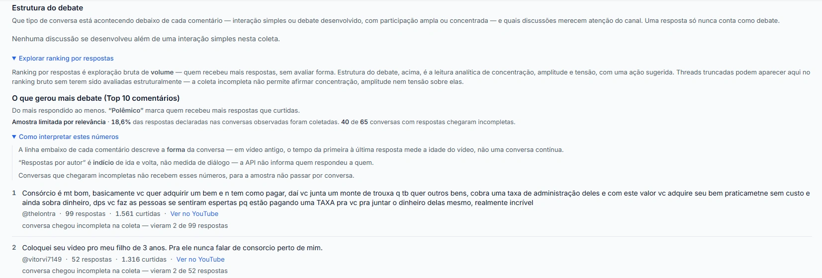Captura de tela do Opina exibindo a leitura da estrutura do debate de uma coleta de comentários.