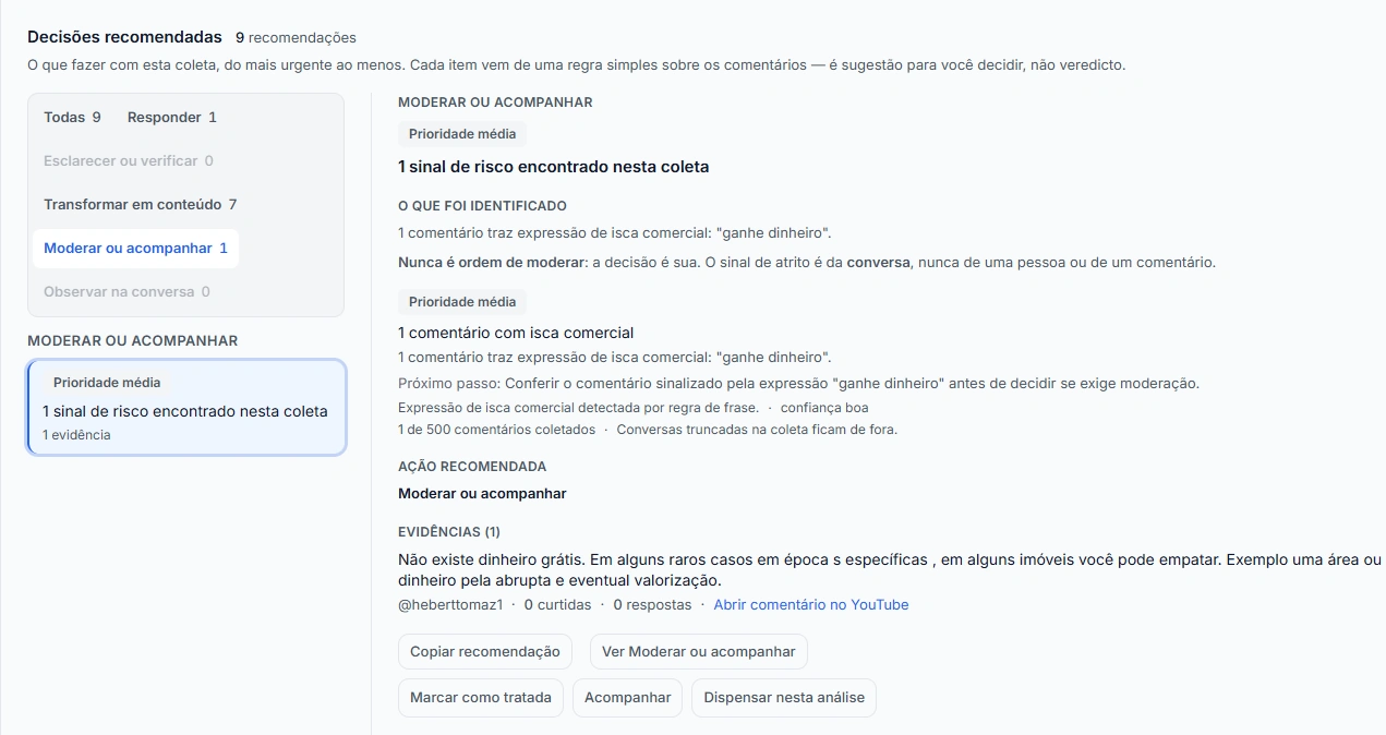Captura de tela do Opina exibindo a evidência de uma recomendação.