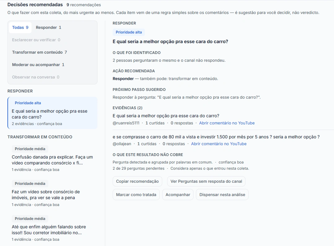 Captura de tela do Opina exibindo uma decisão recomendada.