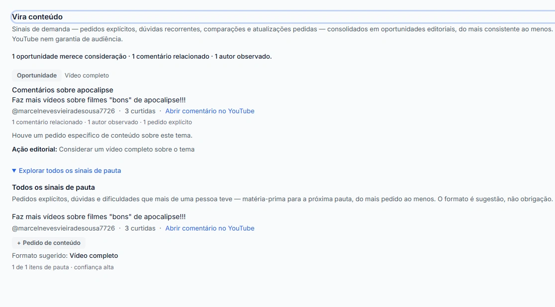 Captura de tela do Opina exibindo oportunidades de conteúdo identificadas a partir de comentários com pedidos e dúvidas recorrentes.