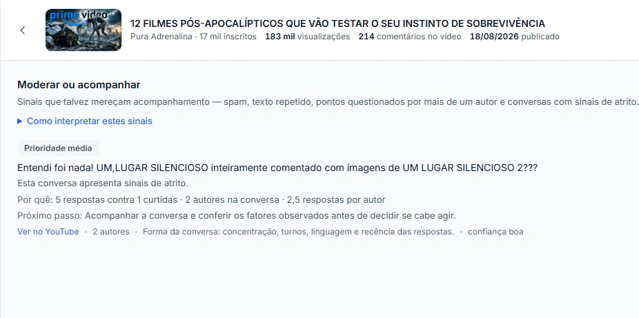 Captura de tela do Opina exibindo uma decisão recomendada, com a evidência do comentário relacionado e a ação sugerida.