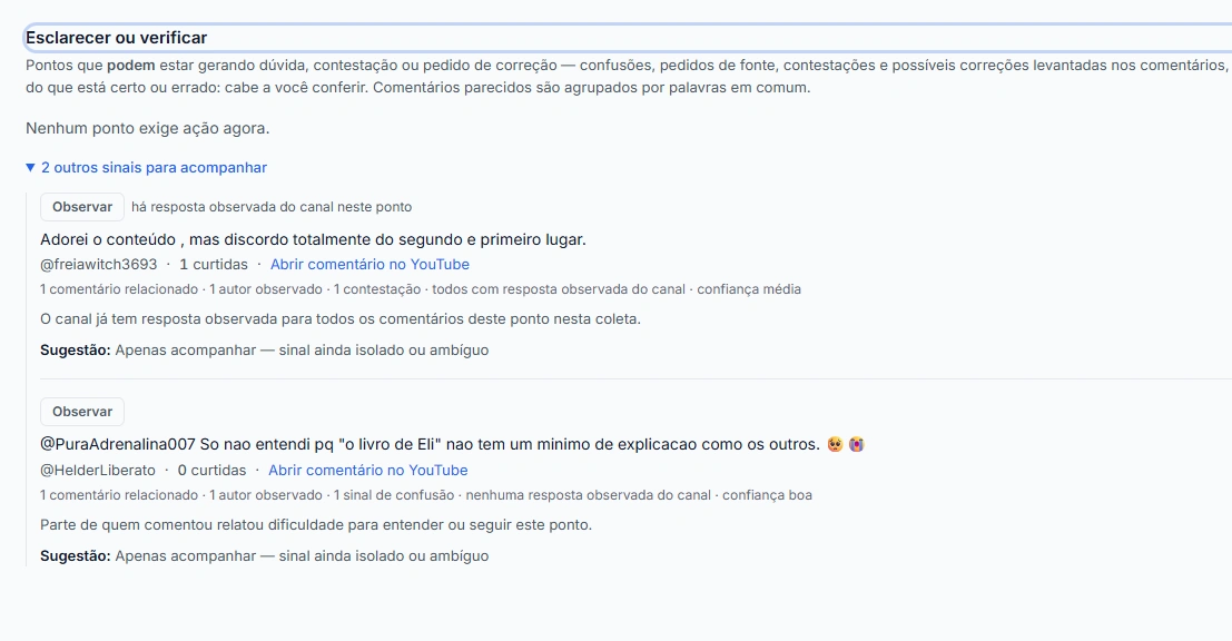 Captura de tela do Opina exibindo um ponto sinalizado para esclarecimento, com a evidência do comentário e a sugestão de verificação.