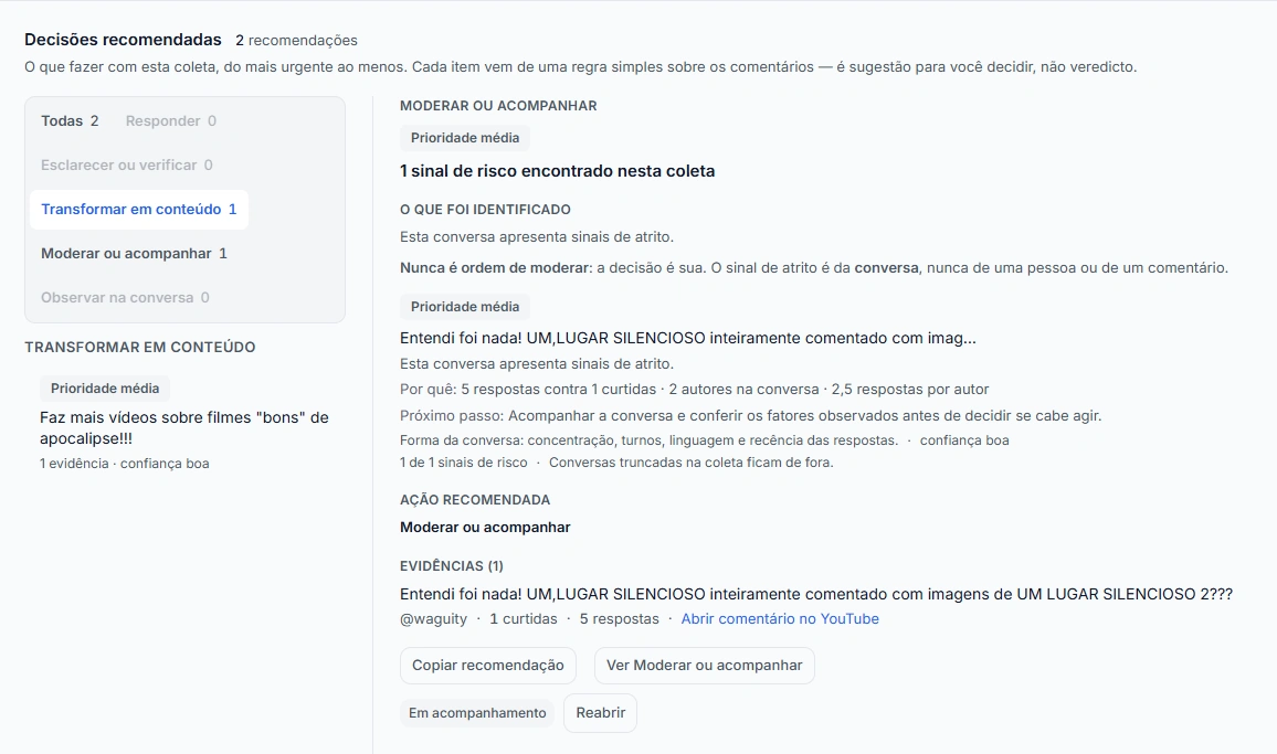 Captura de tela do Opina exibindo uma decisão marcada como 'Em acompanhamento', com a opção de reabrir.