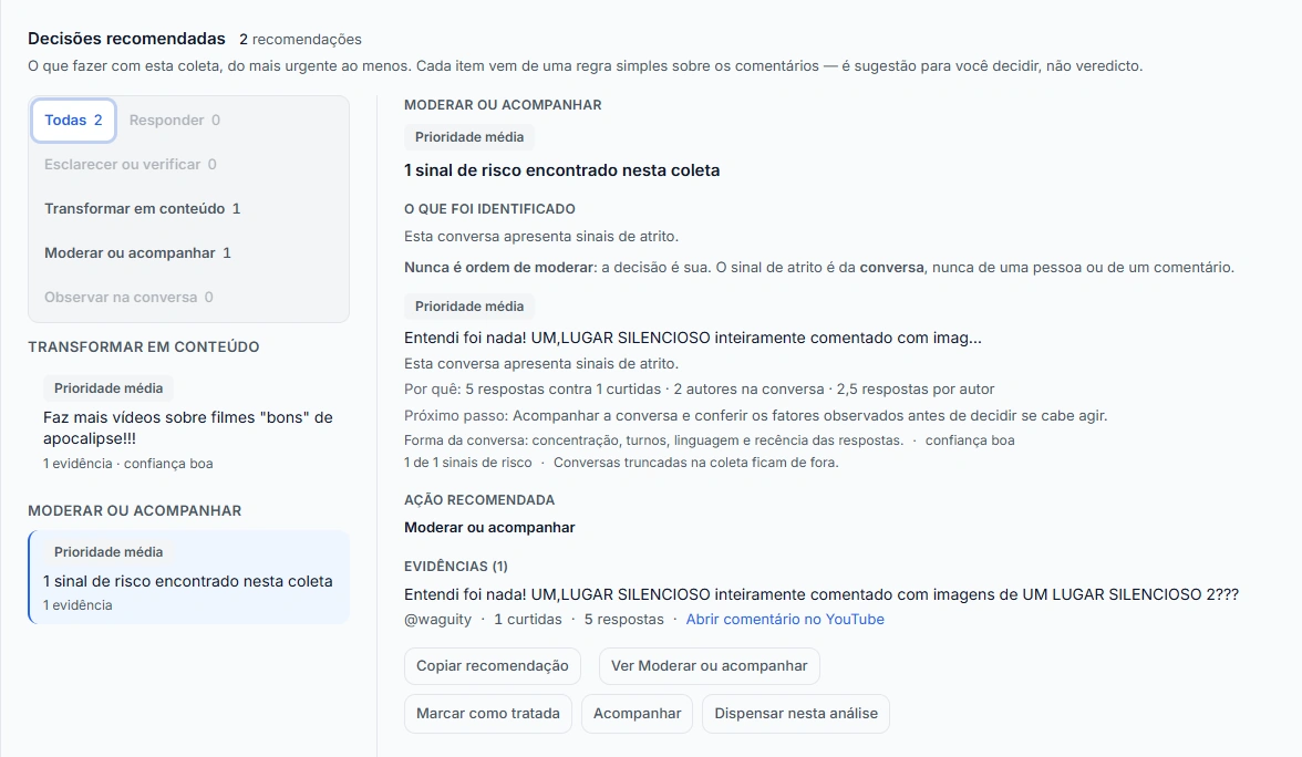 Captura de tela do Opina exibindo a evidência que sustenta uma decisão recomendada.