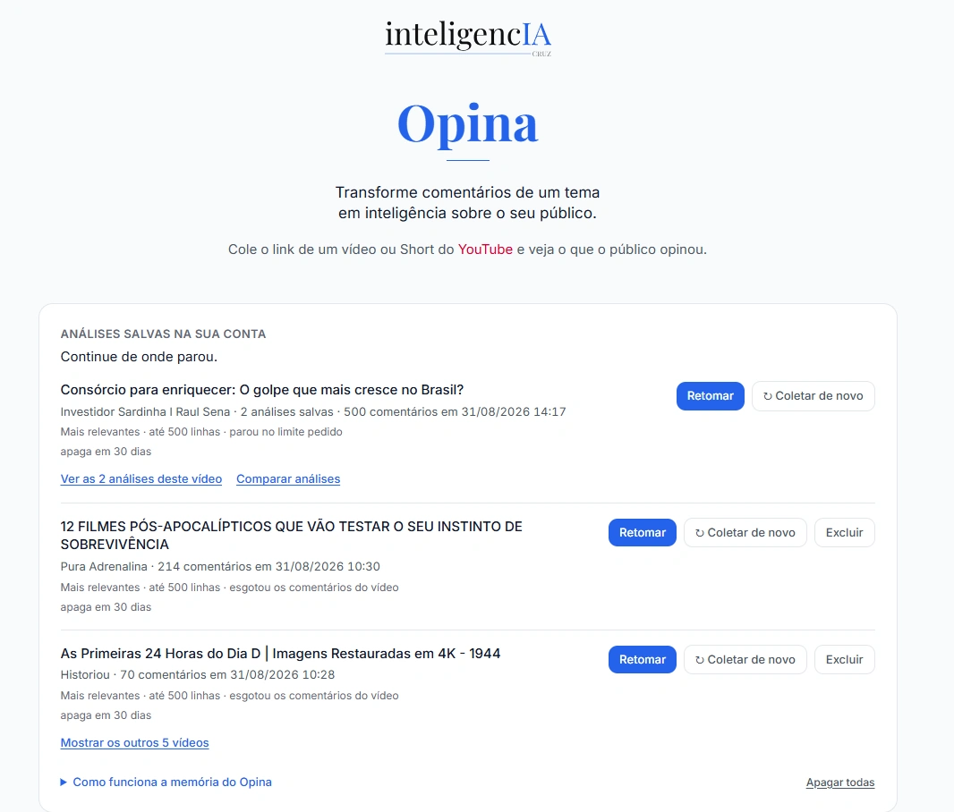 Captura de tela do Opina exibindo análises salvas com opção de retomar ou comparar coletas.