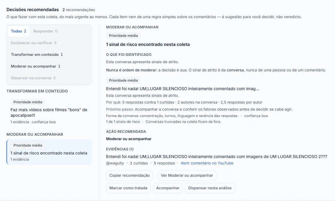 Captura de tela do Opina exibindo decisões recomendadas para responder a comentários.