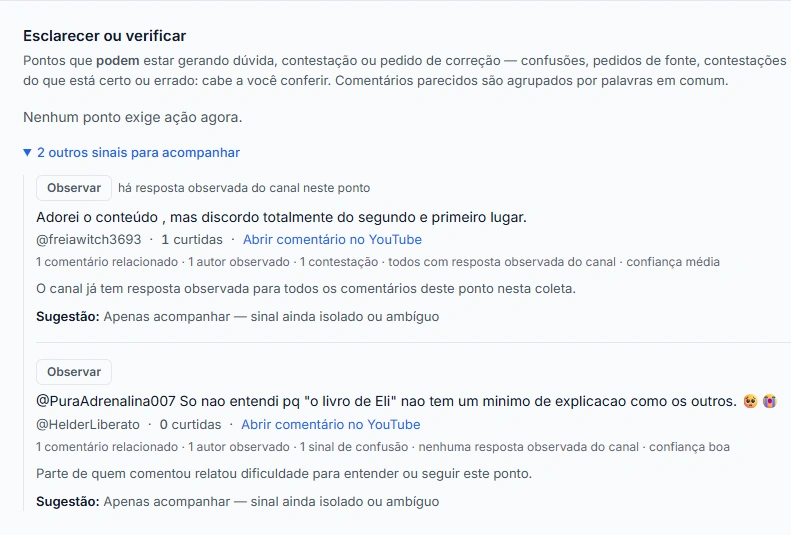 Captura de tela do Opina exibindo pontos sinalizados para esclarecimento ou verificação.
